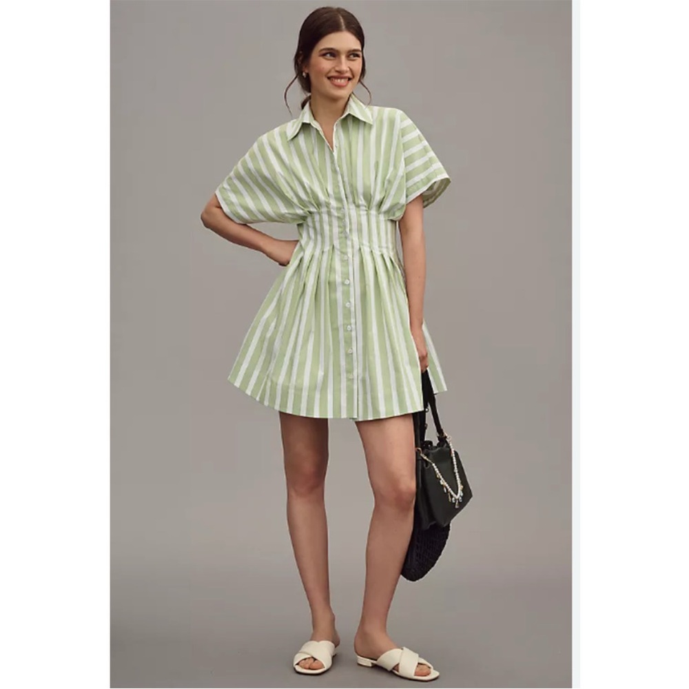 Anthropologie Exquise Tobie Green Striped Button-front Pleated Mini Shirt Dress